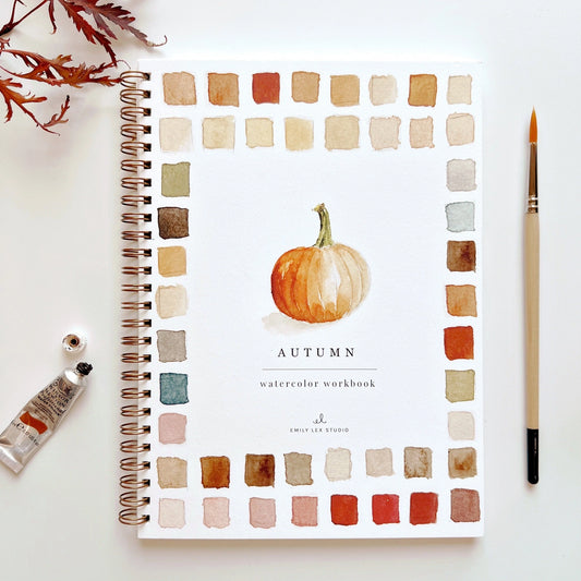 Front cover of Emily Lex Autumn Watercolor Workbook featuring soft autumn foliage illustrations and paintbrush accents.