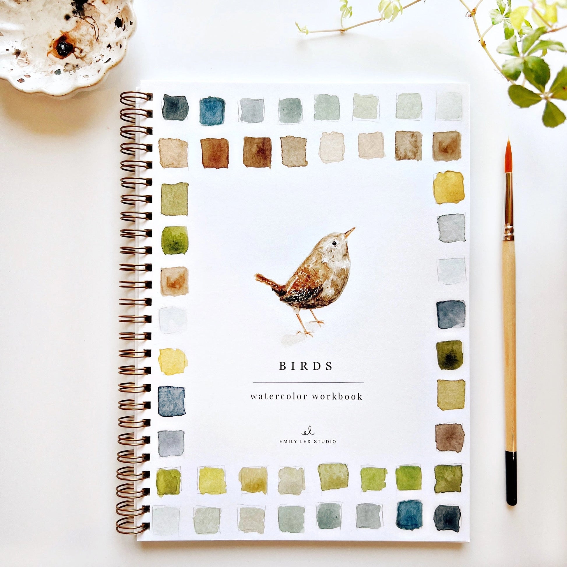 Front cover of the Birds Watercolor Workbook by Emily Lex, showcasing watercolor bird illustrations and art supplies for creative practice.
