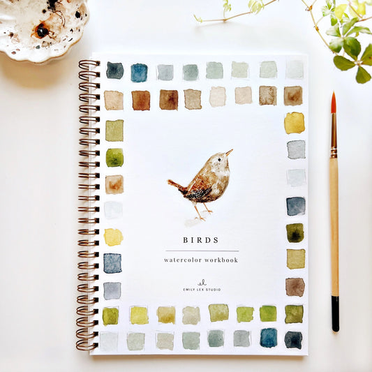 Front cover of the Birds Watercolor Workbook by Emily Lex, showcasing watercolor bird illustrations and art supplies for creative practice.