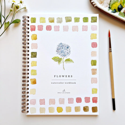 Front cover of Emily Lex Flowers Watercolor Workbook featuring delicate floral artwork and watercolor brush accents.