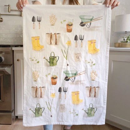 Emily Lex Gardening Tea Towel full view with watercolor garden tools and flowers