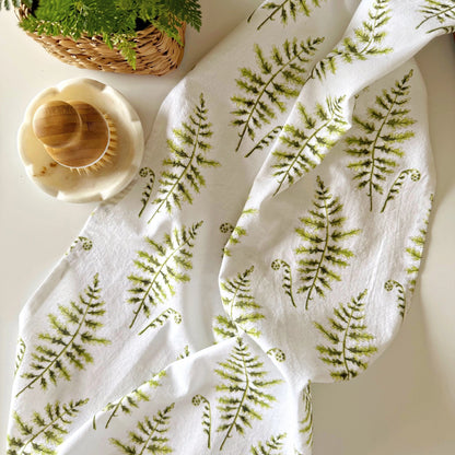  Emily Lex Fern Tea Towel with delicate watercolor green fern leaves.