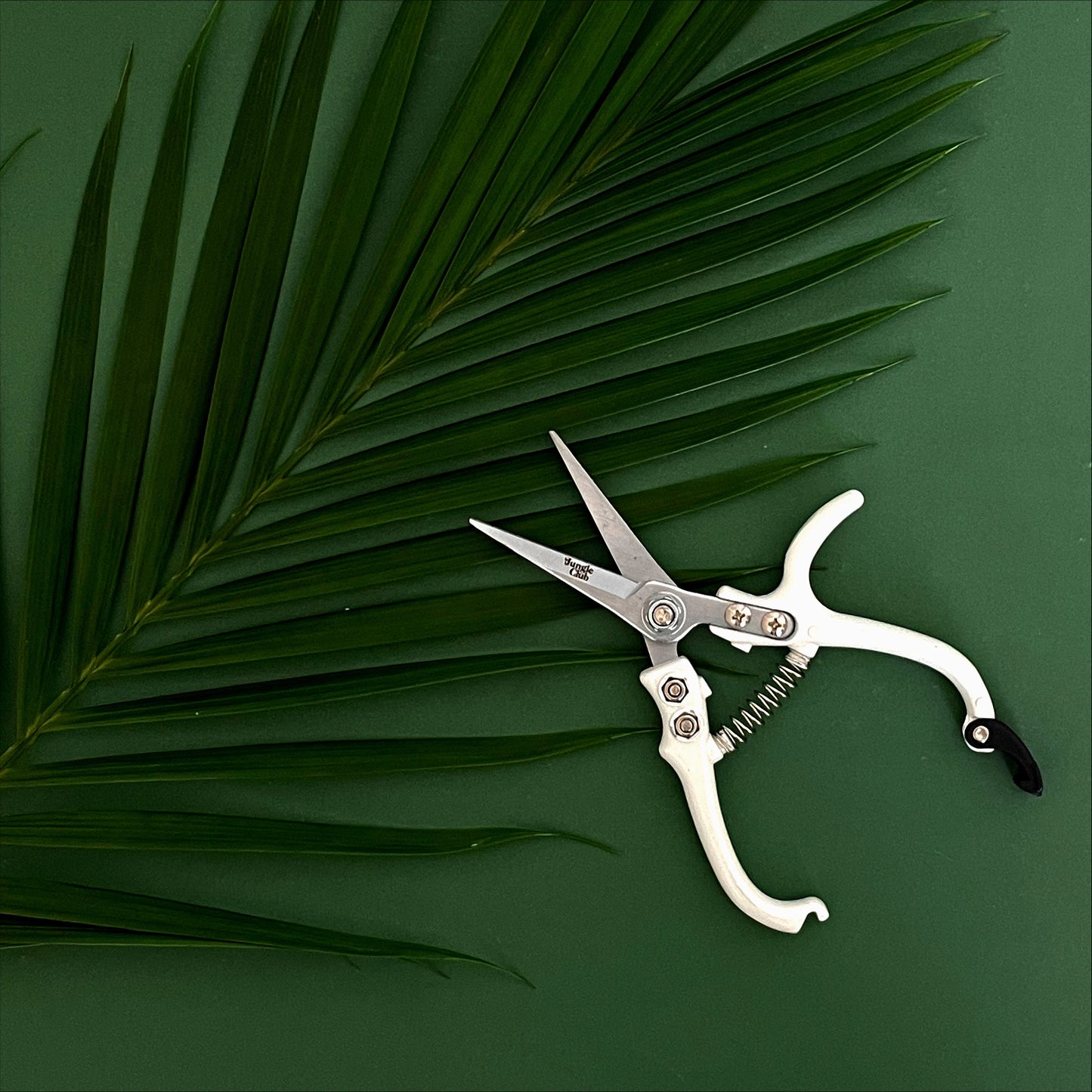 White pruning shears shown open on a green back ground.