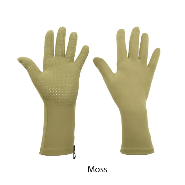 Pair of moss green gloves on a white background