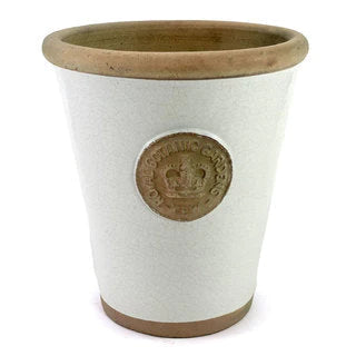 Handcrafted Cotswold Kew Long Tom Medium Pot in White Glaze Embossed with London's KEW Royal Botanical Garden's Official Seal White glazed Long Tom 