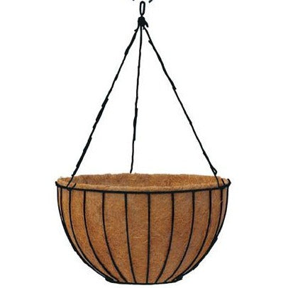 an image of the London Basket with a coco-fiber liner and it the hanging rods attached for hanging