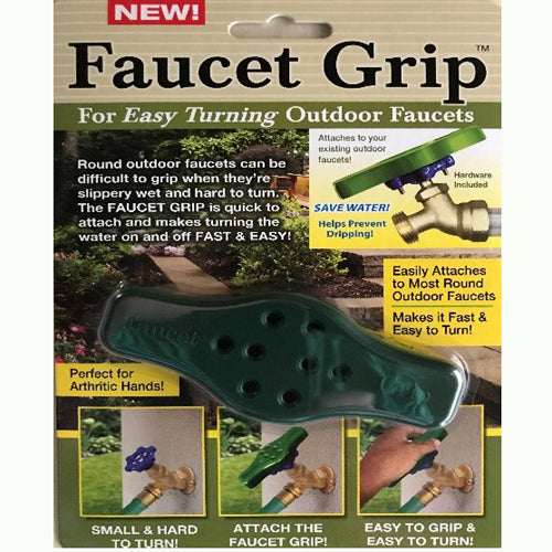 a photograph of the package containing the faucet grip. It fits over a round handle faucet to make turning of and on a faucet easily 