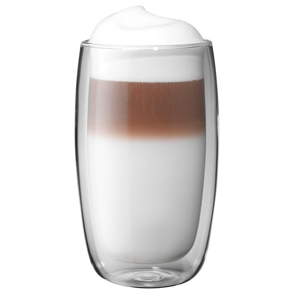 A photo of a Zwilling Henckel Double Walled  11.8 oz Latte Glass filled with a delicious looking foamed topped latte