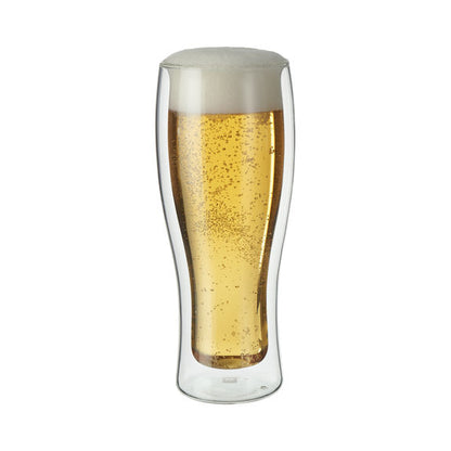 Zwilling Sorrento Double Walle 14 oz Beer Glass shown with a full glass of beer with a good foam head on it 