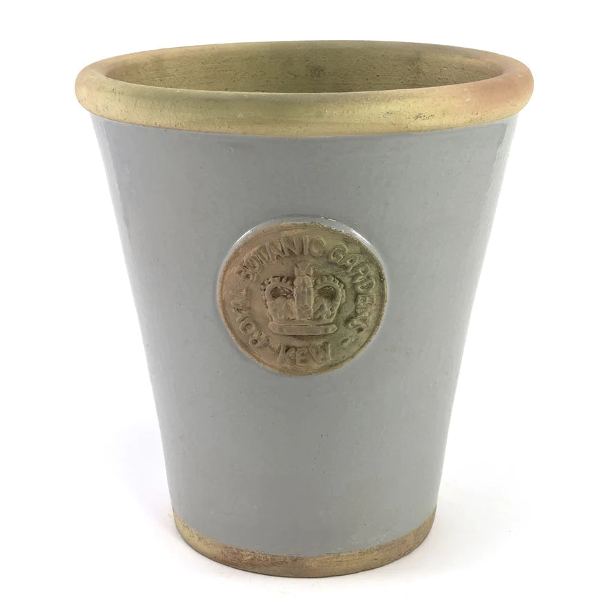 Handcrafted Small Pot. LIGHT GREY Glaze and Embossed with London's KEW Royal Botanical Garden's Official Seal