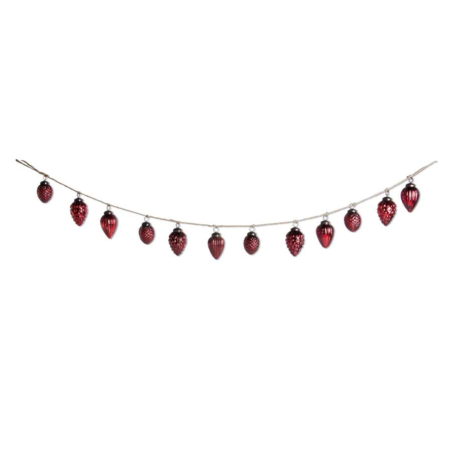 A string of red mercury glass Christmas ornaments in different styles strung across  on a long string. 