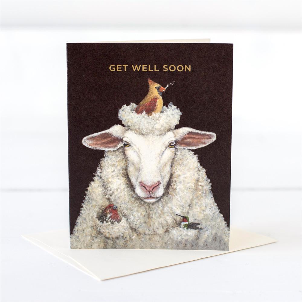 Get Well Sheep Card showing a sheep with a bird  building a nest on his head.