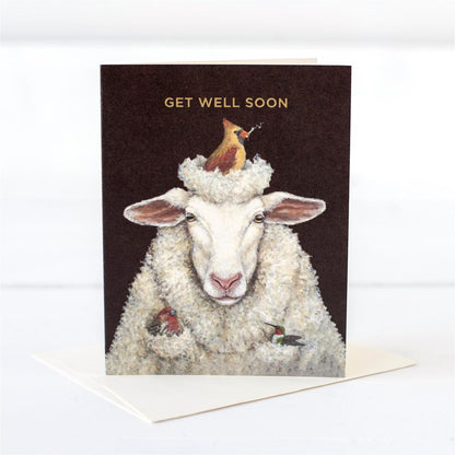 Get Well Sheep Card showing a sheep with a bird  building a nest on his head.