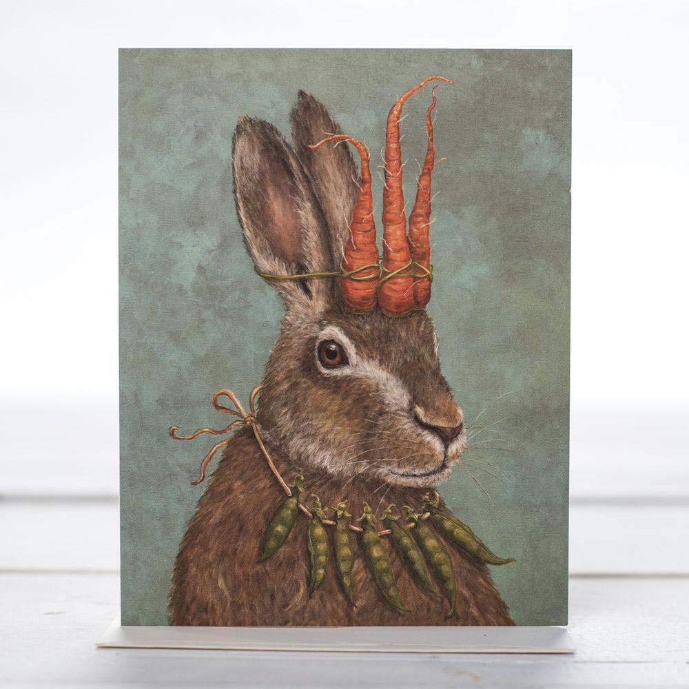 Brown Rabbit with a necklace of garden peas and a hat of carrots. Garden Prince Card