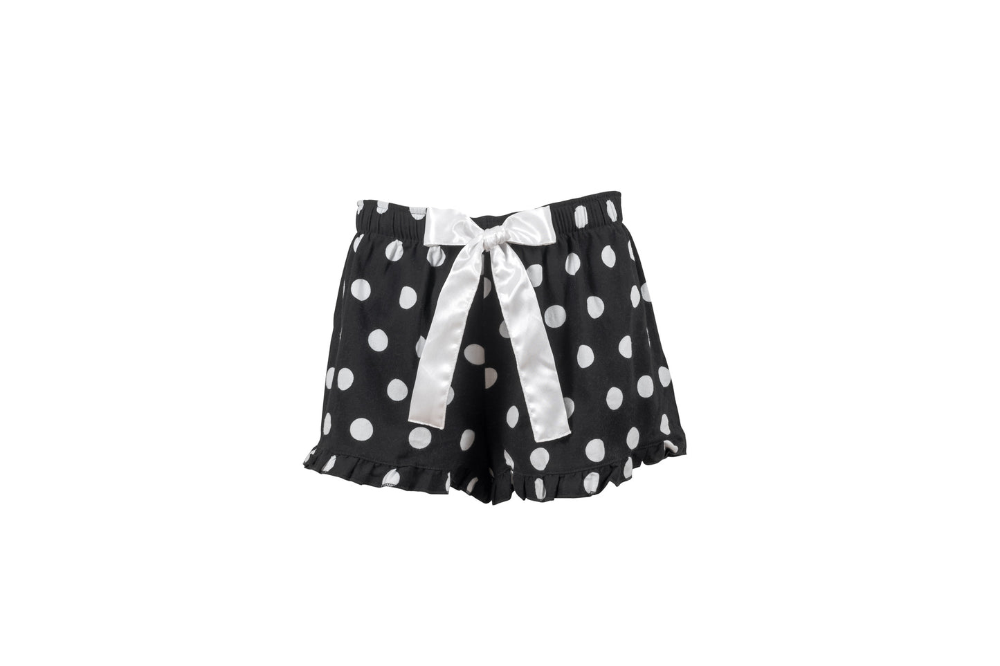 Flannel black and white polka dot shorts with a white satin bow