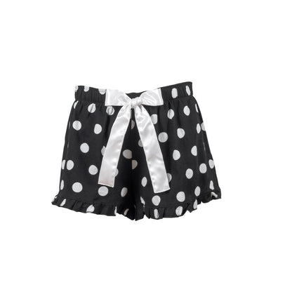 Black V necked teeshirt with black and white polka dot shorts