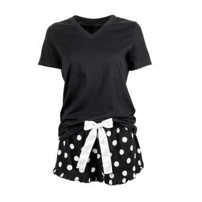 Black V neck teeshirt with black and white polka dot shorts