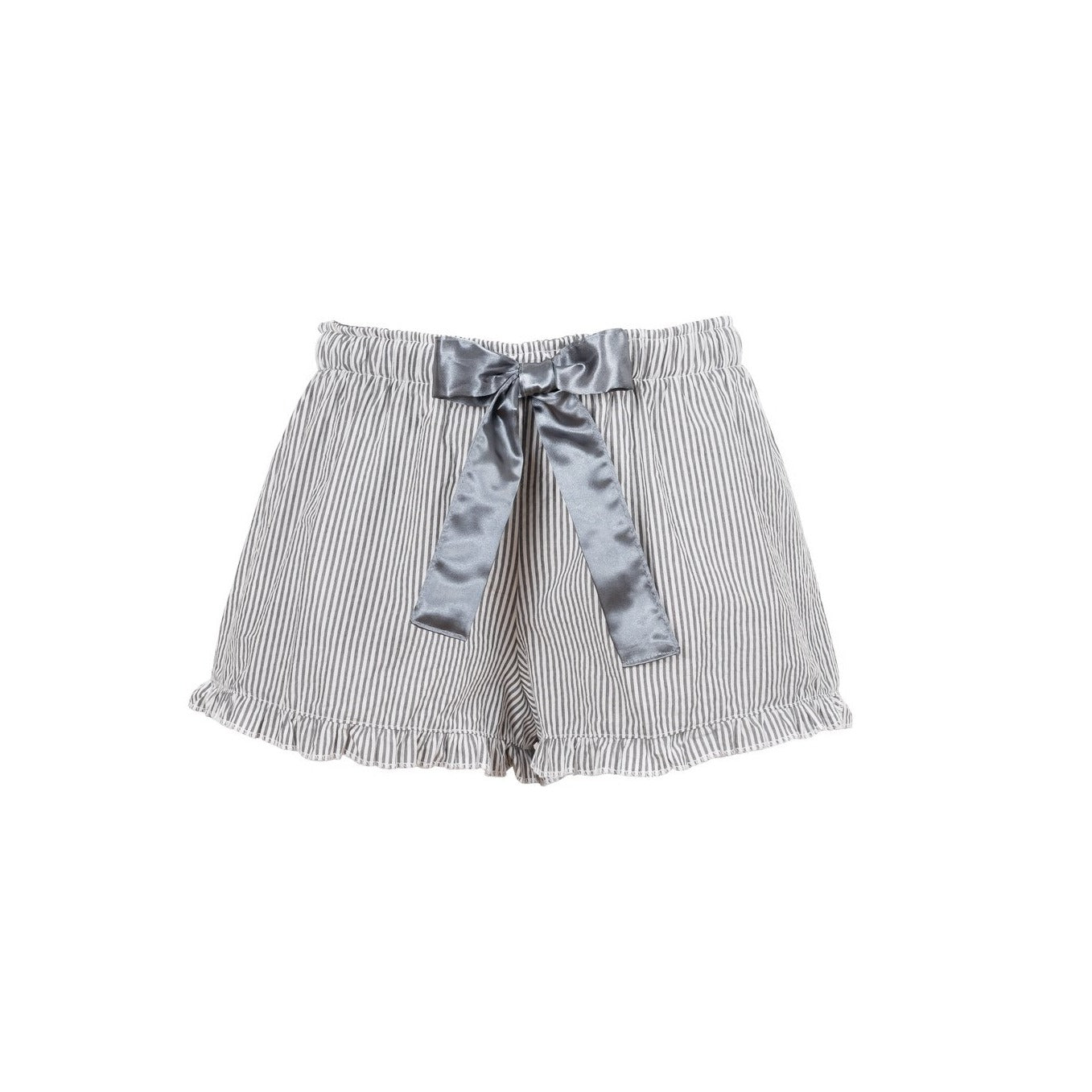 Grey striped seersucker shorts with a grey satin bow.