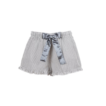 Grey striped seersucker shorts with a grey satin bow.