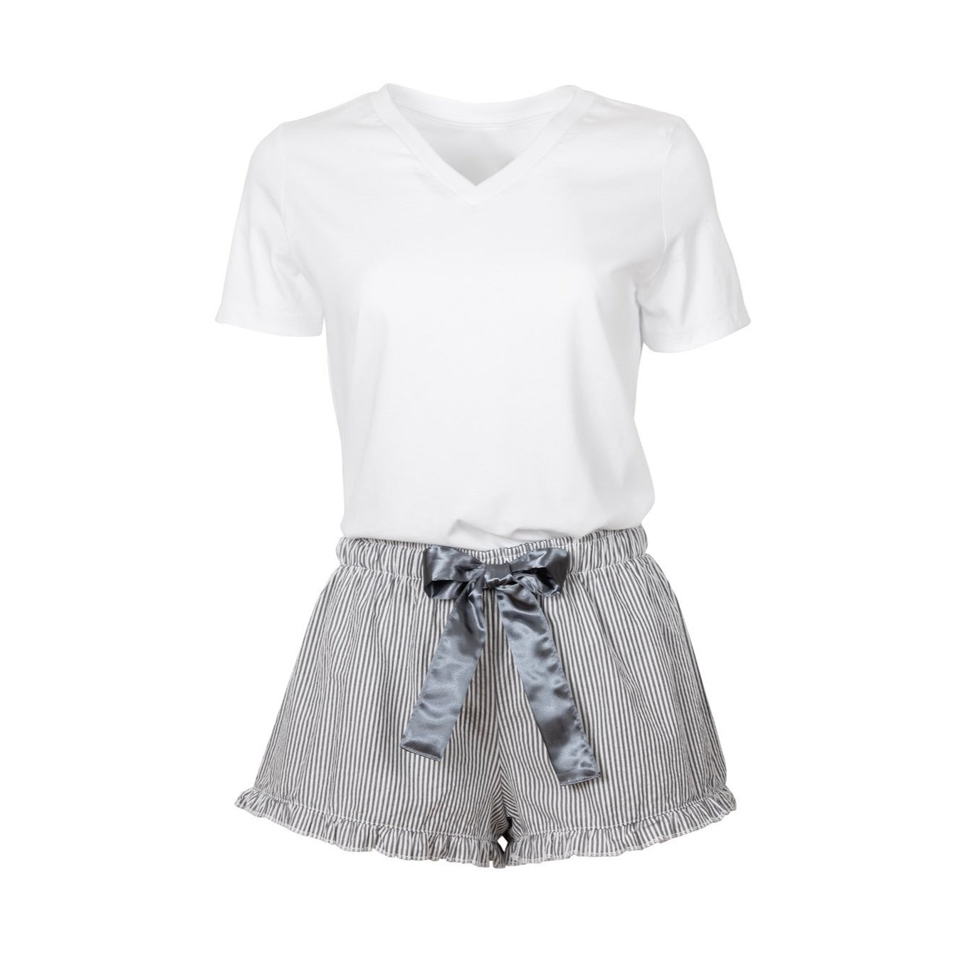 White V necked teeshirt with charcoal grey striped shorts with a gray satin bow.