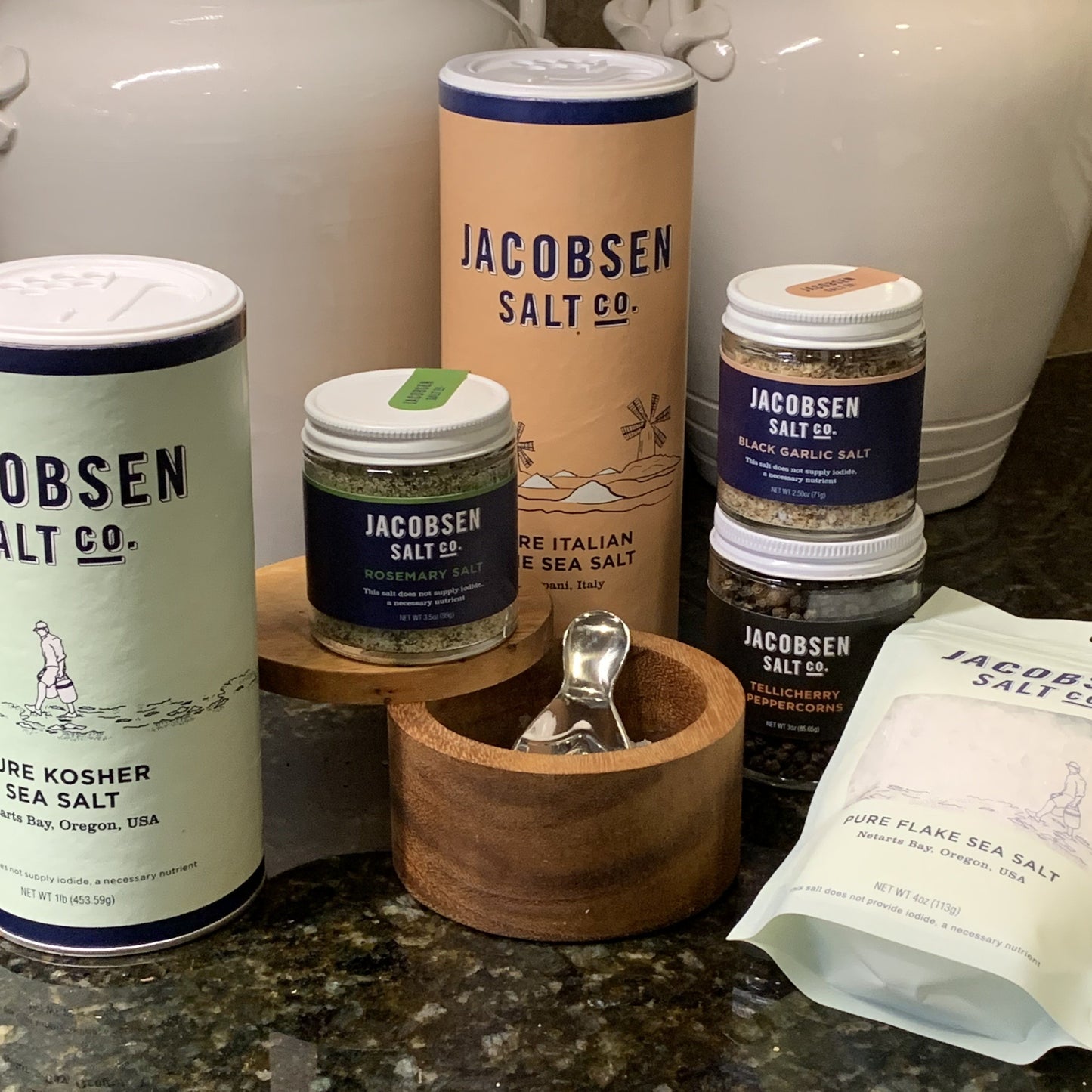 Showing a collection of products form Jacobsen Salt co. Kosher Sea Salt, Rosemary Salt, Black Garlic Salt , Tellicherry Peppercorns and Pure Italian Sea Salt