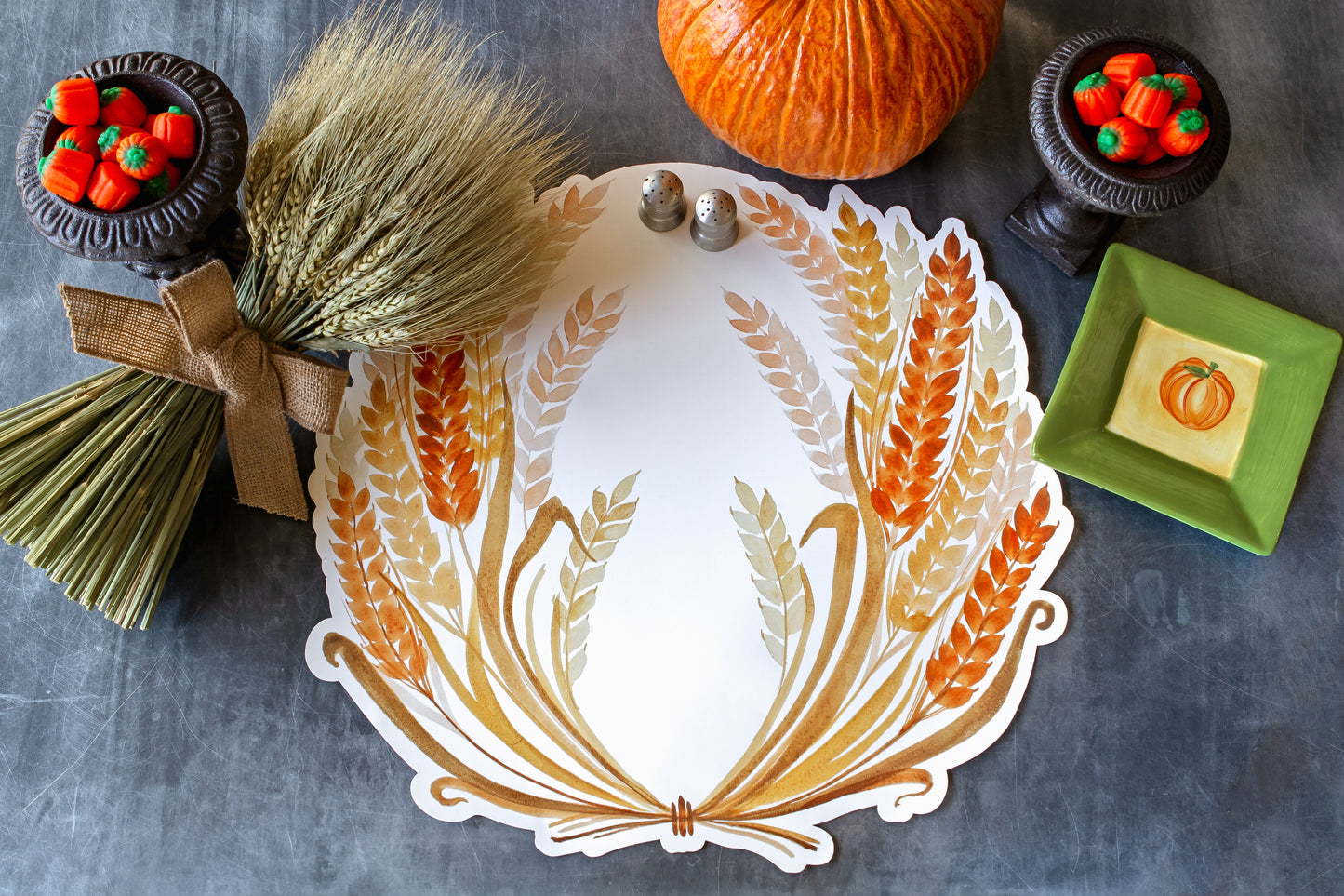 The 14 x 6 inch wheat bundle paired with die cut wheat paper placemat.