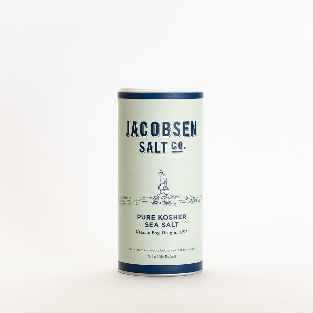 Image of the 1 pound canister of Jacobsen Salt co. Pure Kosher Sea Salt 
