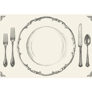 This is the first placemat that Hester & Cook designed. Simple and yet makes a statement. Black and white printed place setting it has the plate with the forks on the left and the knife and spoon on the right , making the perfect place setting.