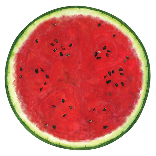 Image of a full slice of watermelon showing ring and seeds on this paper placemat