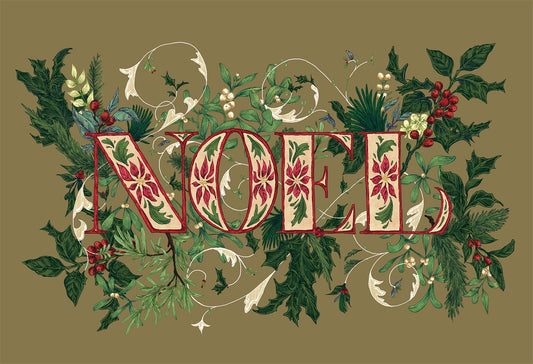 Image of the Noel paper placemat. Background of light green with holley branch and berries with other greens . Noel is written on top in red and cream and green