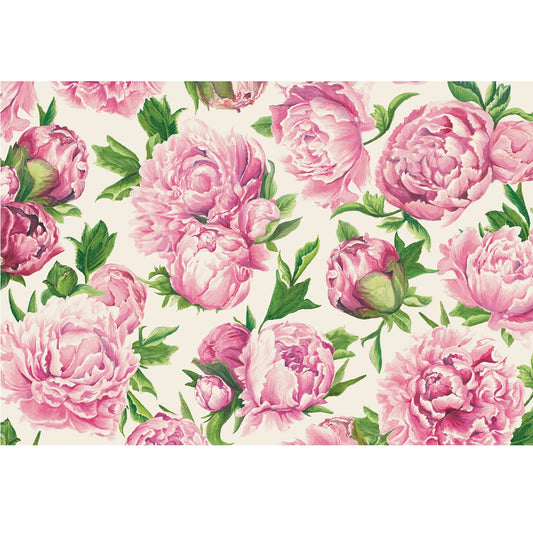 The Peony placemat features various colors of pinks and greens , and sizes of flowers and buds