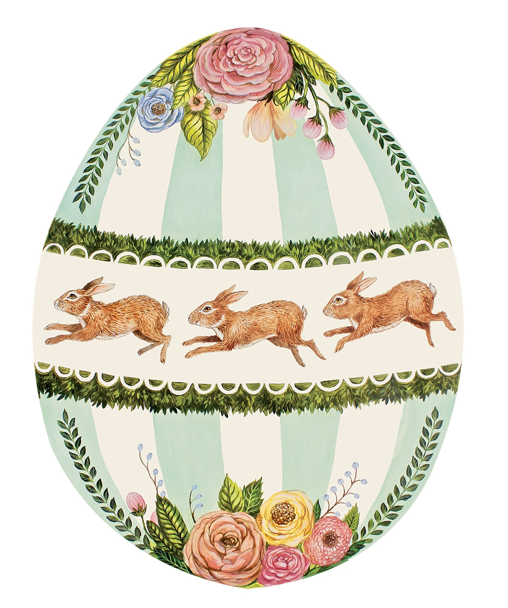 A large easter egg placemats decorated with flowers and rabbits.