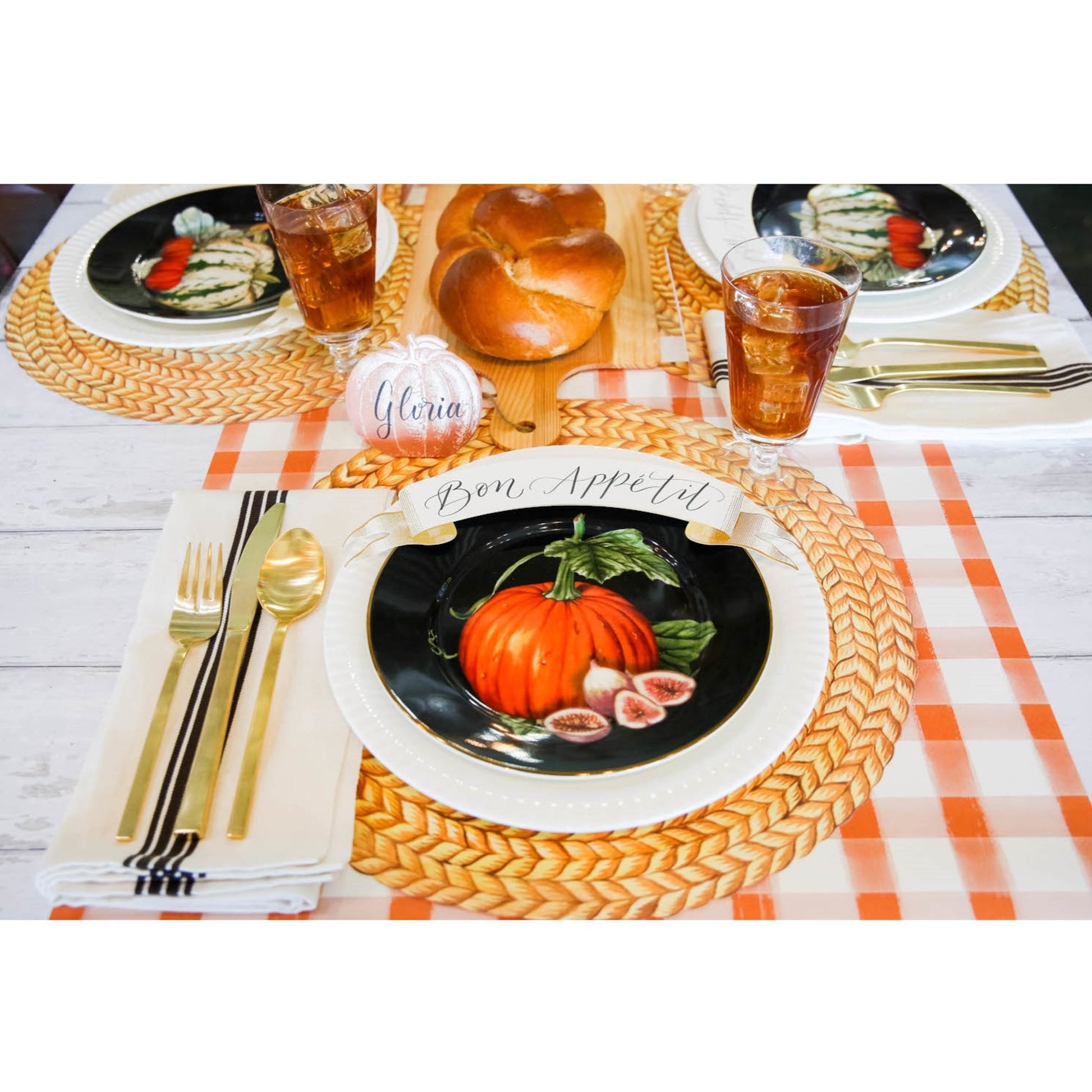 Braided Jute Die Cut Paper Placemat natural color, showing braided texture during a harvest theme