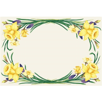 Elegant daffodils and delicate grape hyacinth are arranged on this placemat to perfectly frame your plate.