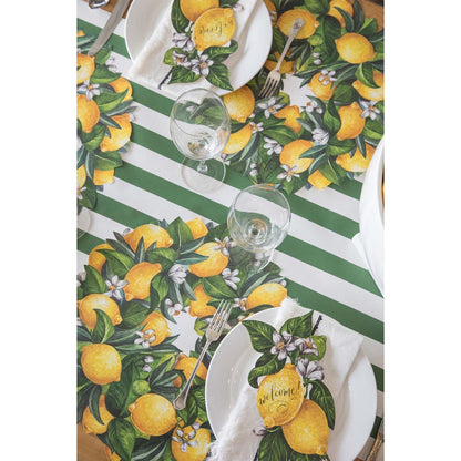 Die cut lemon wreath placemats bright and welcoming shown here with the green and white table runner.