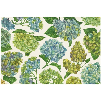A placemat designed with flowing Hydrangeas in blues lite greens and purples. 
