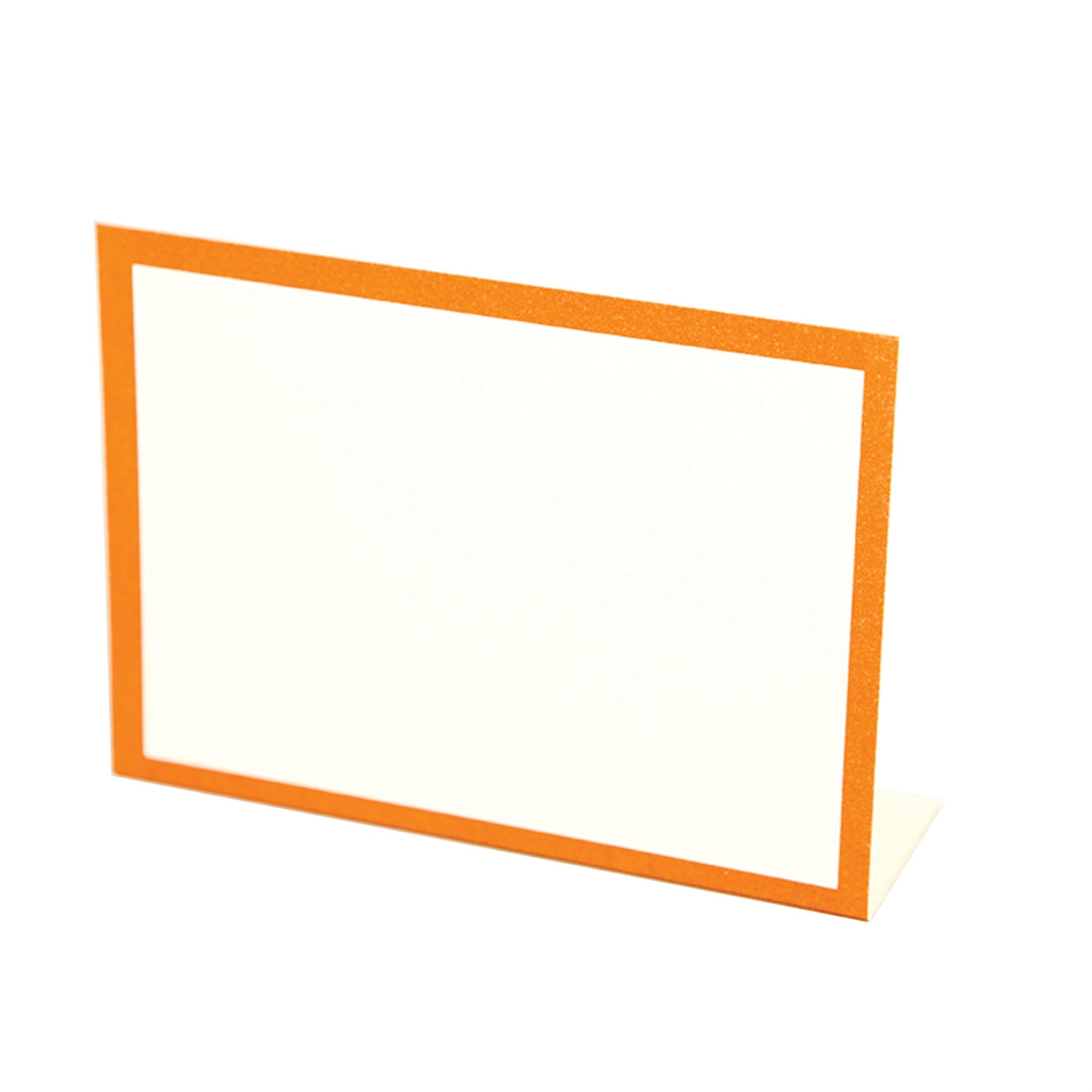 A square white place card with an orange boarder leaving a clear space for writing your guest name. These are a perfect place card to go with the Orange Slice Paper Placemat 