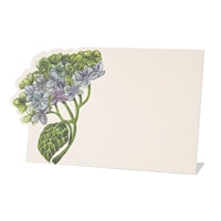 A place card designed with a blooming hydrangea flower in the left hand side of the place card.  Coordinated  to go with the Blooming Hydrangeas placemat