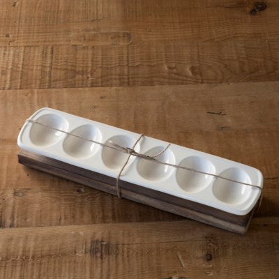 Creamware Egg Holder with Wooden Trivet - Hidden Lake Garden Home