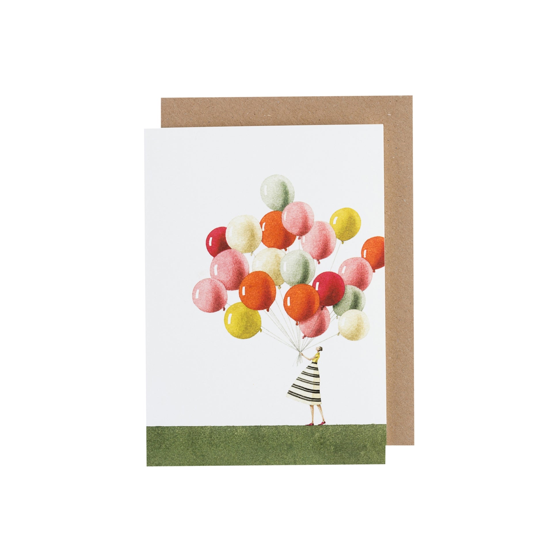 A image of the greeting card "Balloons" showing a woman in a dress holding an oversized bunch of colored balloons.