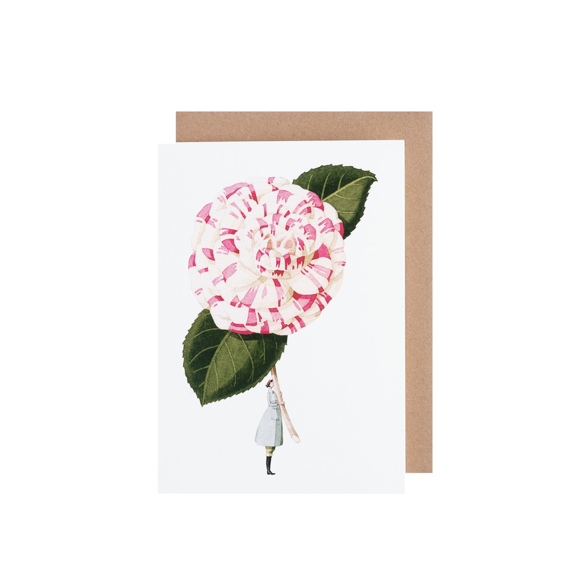 An Image of the greeting card "Camellia" in pastels showing a pink and white camellia.