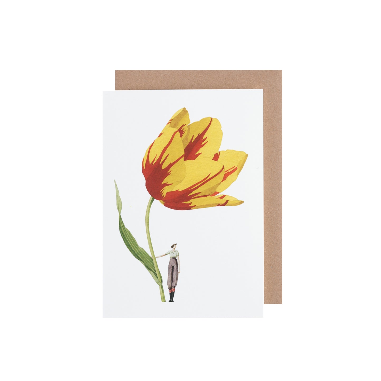 The drawing of a gigantic red and yellow tulip standing next a to woman holding it up by the steam.