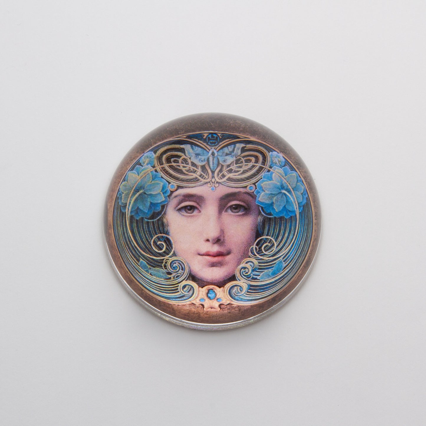 Crystal Domed Paperweight decoupaged with a Art Nouveau Woman's face 