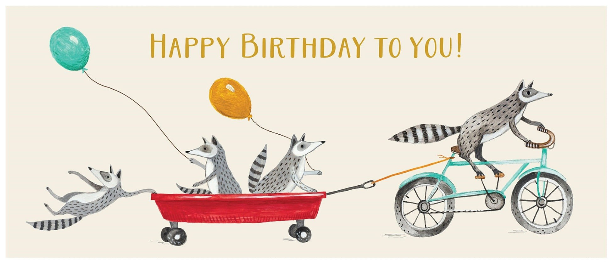 These happy birthday raccoons are a fun loving bunch as the ride a bike and pull a red wagon with several raccoons hanging on for a fun trip.