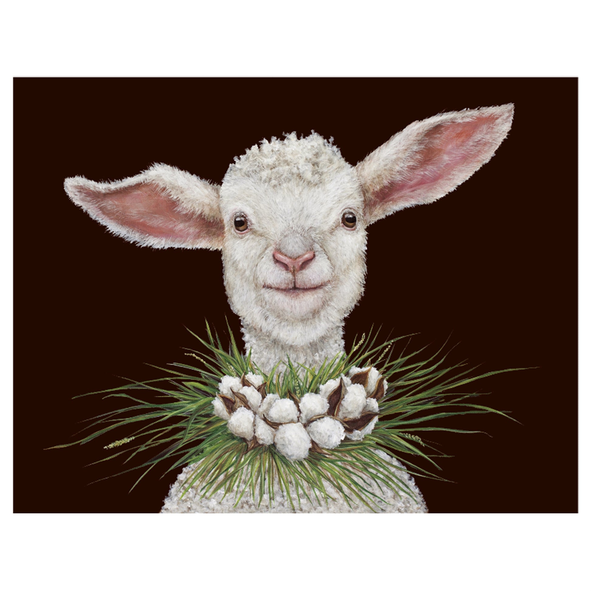 A sweet baby lamb with a grass and cotton ball wreath around her neck 