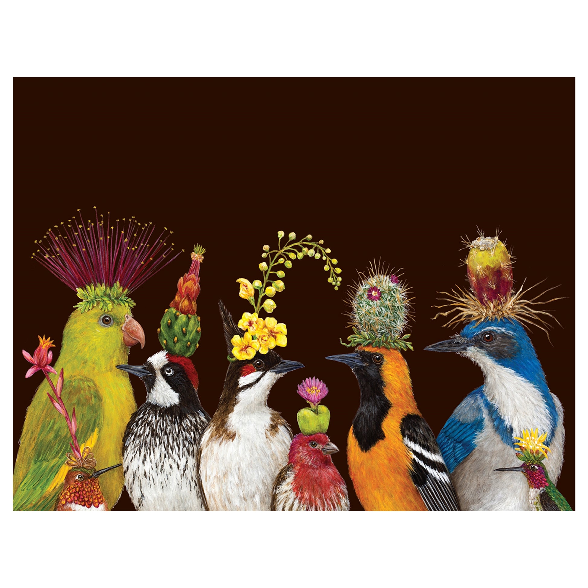 A group of colorfully  dressed birds attending a desert party greeting card 