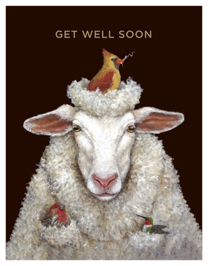 Who would not love to receive this adorable get well card? This sheep has a bird nest on her head and is holding two other birds to make that someone feel better.
