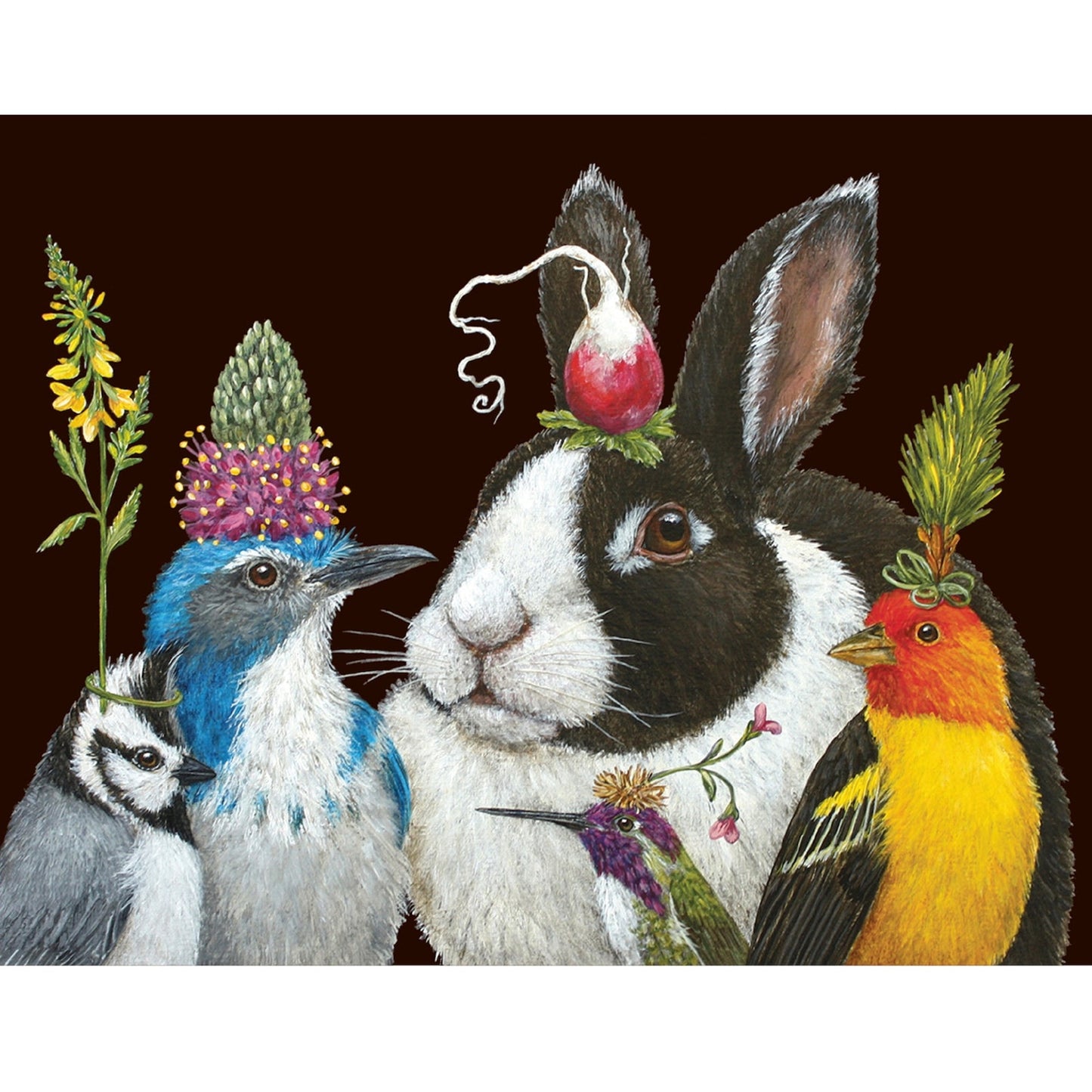The rabbit is looking radishing with the radish on her head and the birds are there to celebrate with her.
