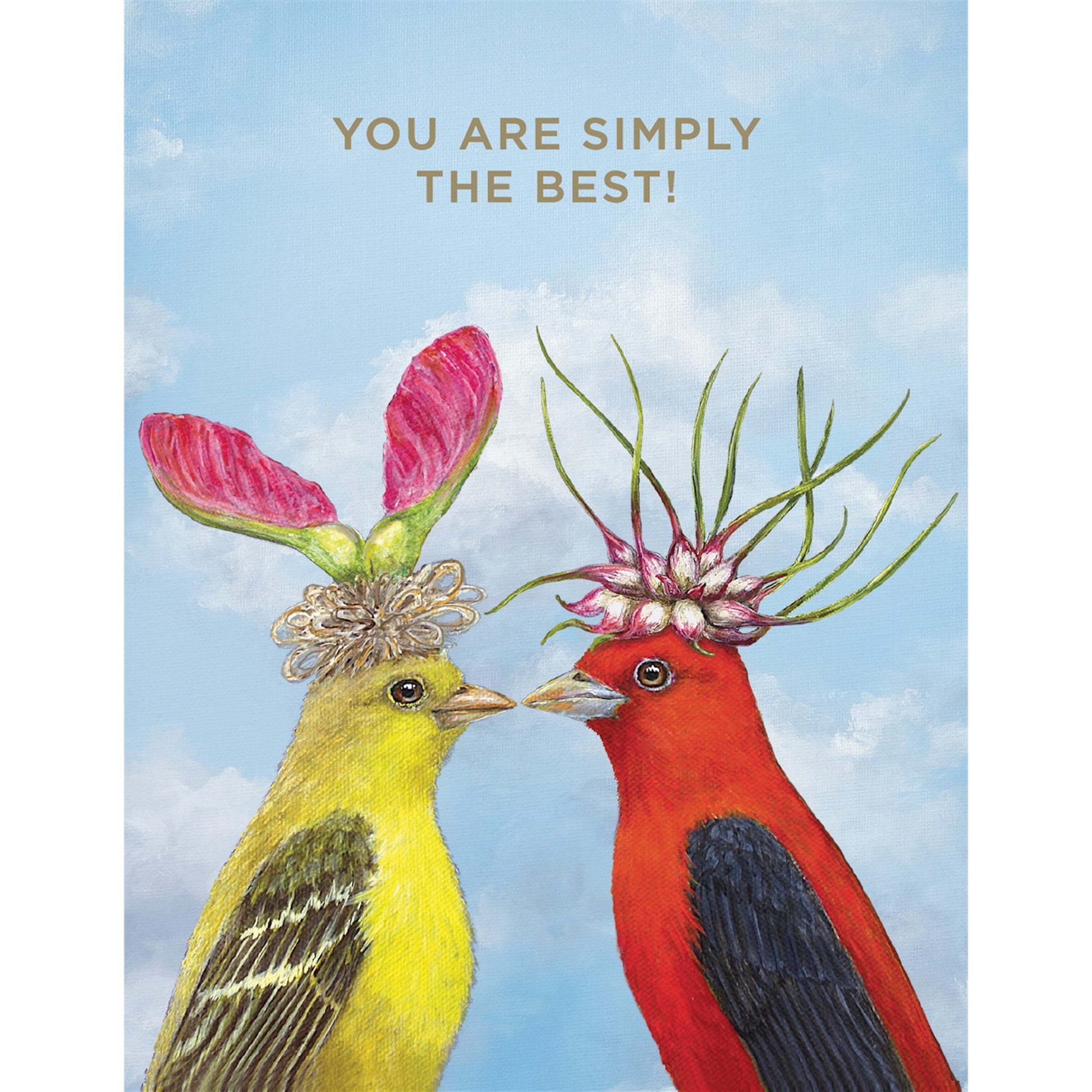 A male and female Cardinals telling each other "you are simply the best" they are wearing lovely seed pod hats 