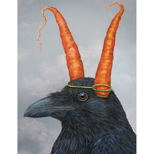 Here is a picture of a black crow with a headdress of raw carrots tied to his head. Very distinguished.